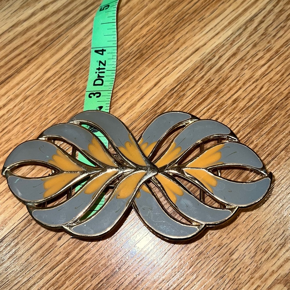 Vintage enamel Metal Gold tone gray & mustard Statement‎ Belt Buckle - Picture 7 of 8